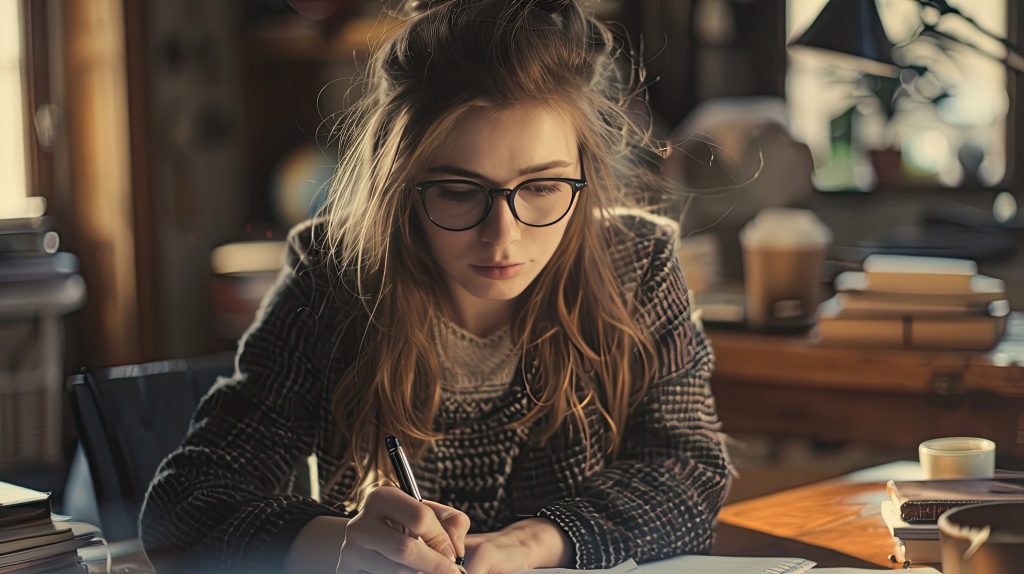 Professional woman with glasses seated at a desk, diligently writing on important documents, capturing a productive work scene
